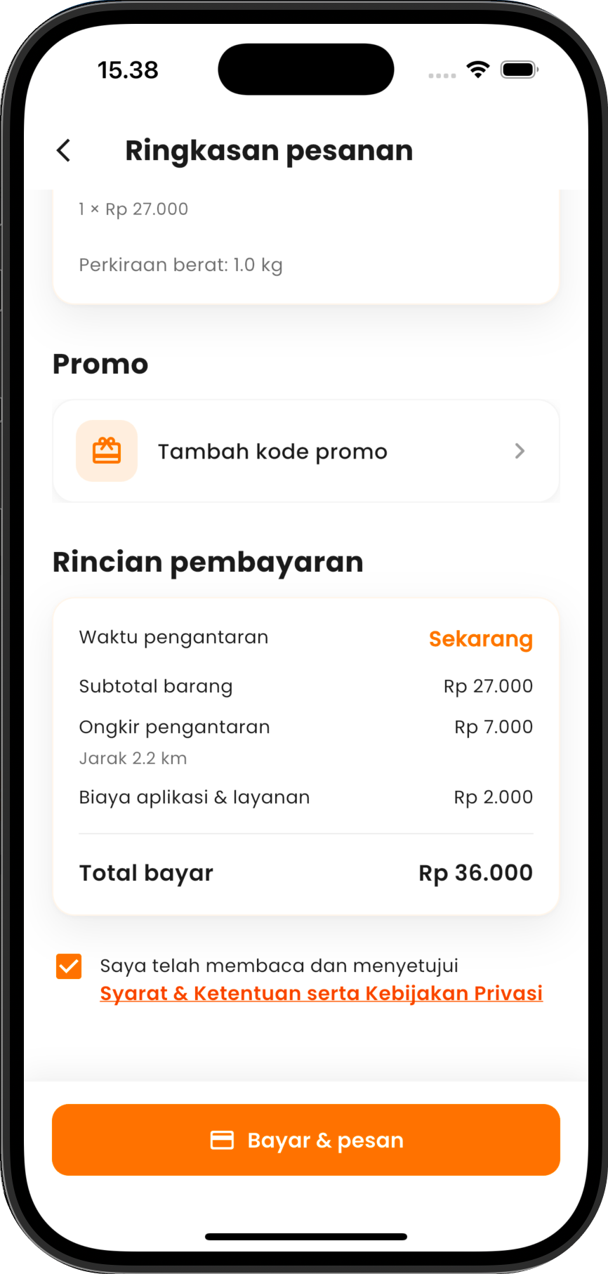 Ringkasan pesanan dan ongkir di Melije